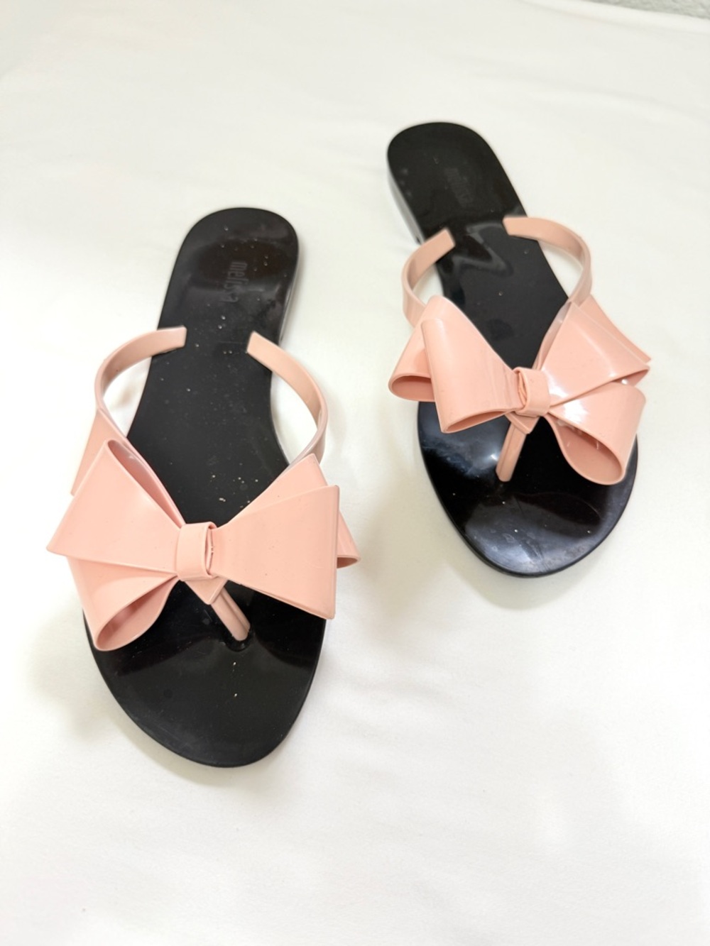 Melissa Bow Jelly Flip Flops Blush Pink Black Sandals Women Size 9